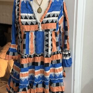 Sofia made in Italy Blue and Orange Ruffled Tiered with Bell Sleeves